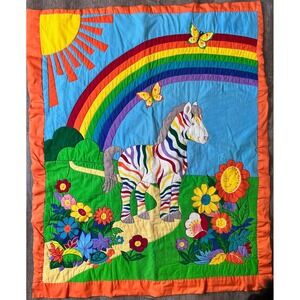 Vintage Handmade Baby quilt Zebra Rainbows lap‎ quilt crib bright colors